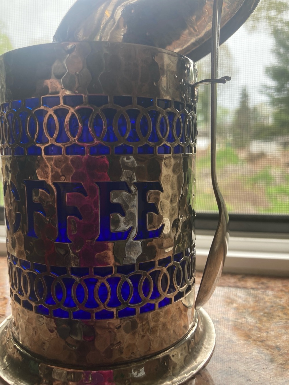 Hammered Silver Coffee Canister with Cobalt Blue Insets - Picture 6 of 12